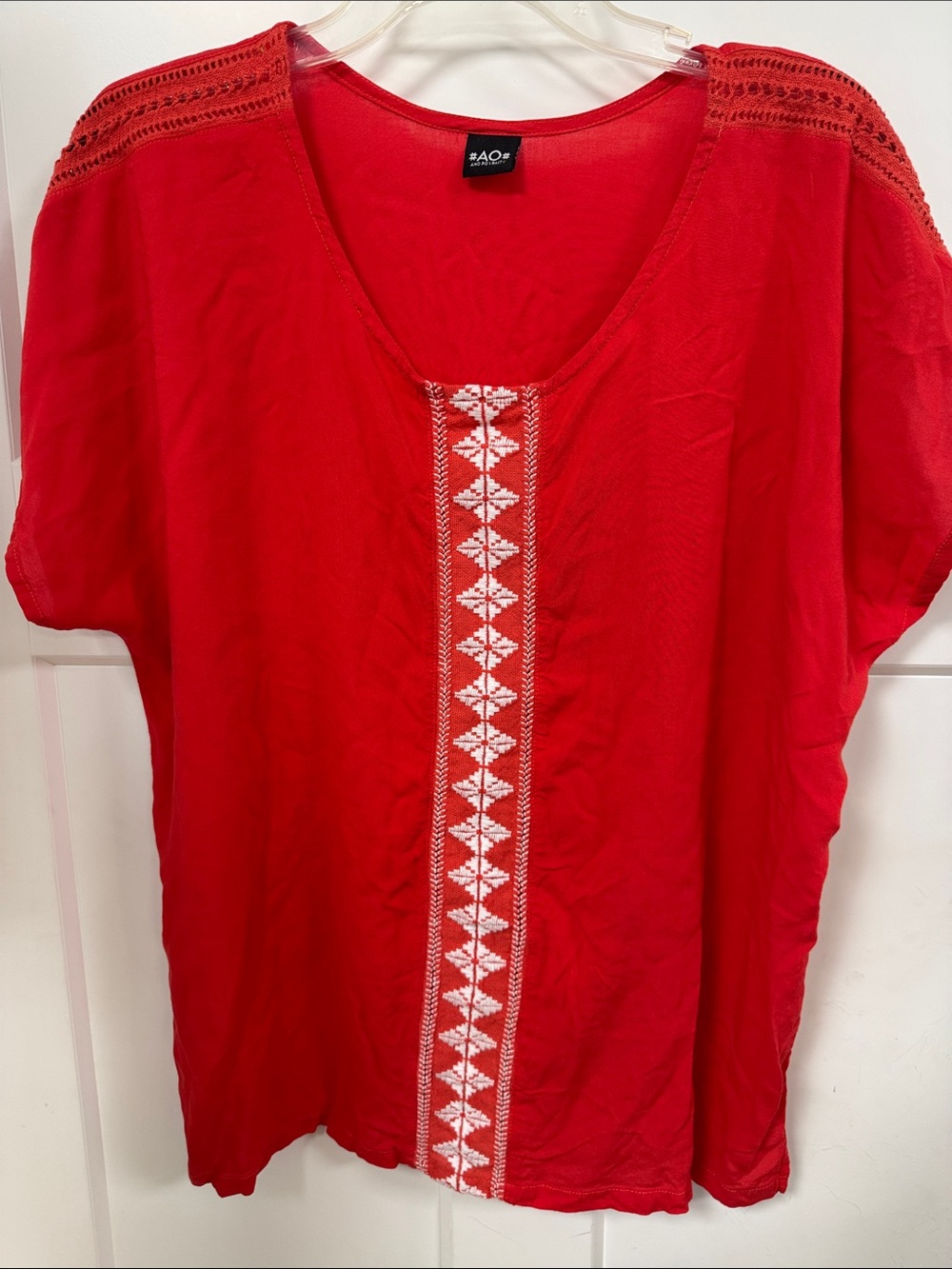 A. O. Smith Red Embroidered Scoop-Neck Women's Blouse